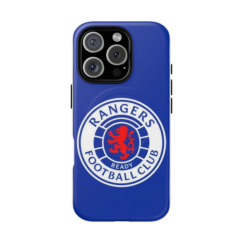 Rangers FC MagSafe iPhone case in royal blue with club crest, dual-layer protection and MagSafe compatibility