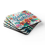 Playful Morning Fuckers coaster set with colorful floral design, four-piece high-gloss MDF and cork back, non-slip, easy to clean.