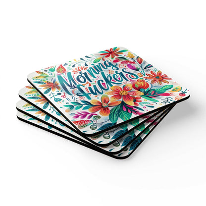 Playful Morning Fuckers coaster set with colorful floral design, four-piece high-gloss MDF and cork back, non-slip, easy to clean.