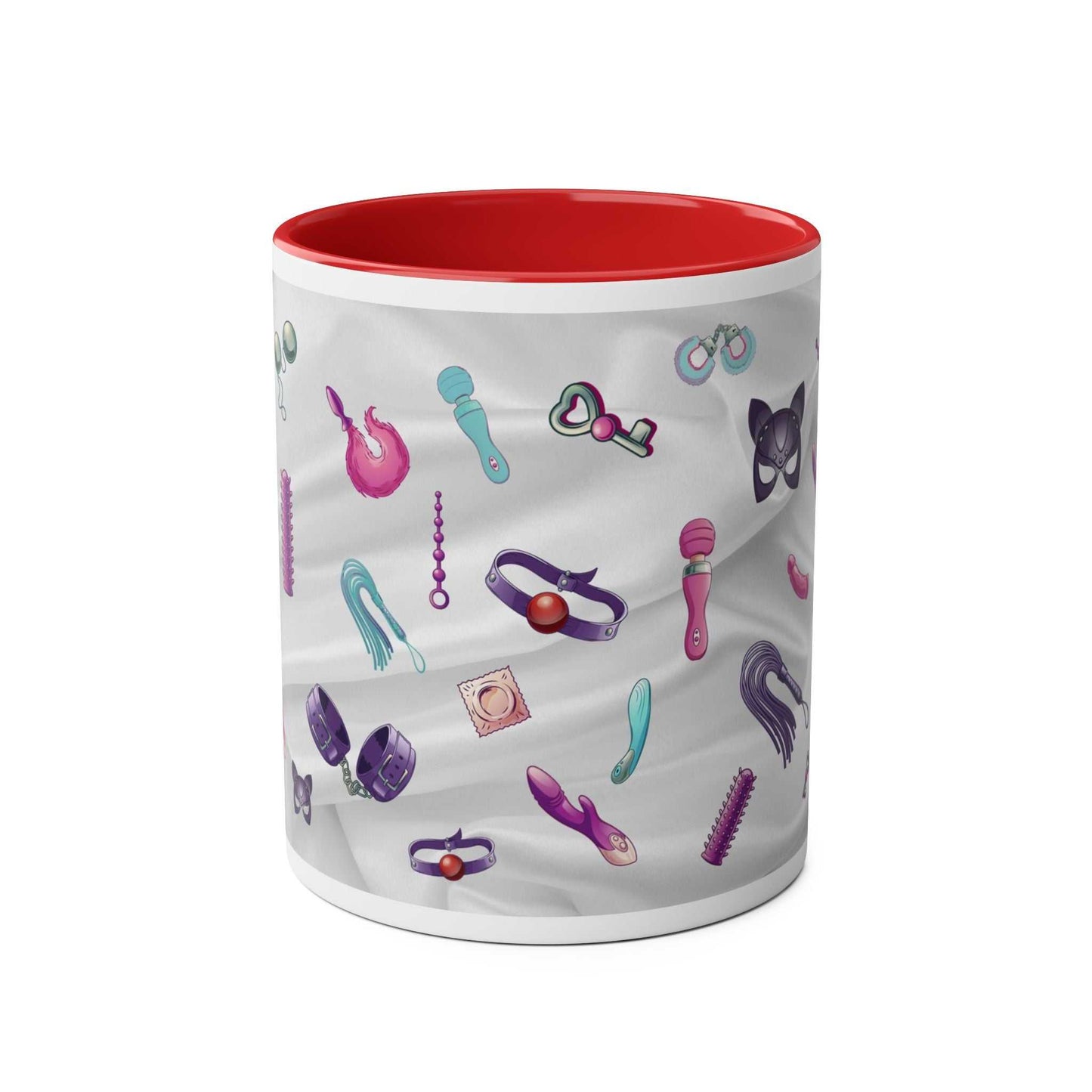 Fun Sex Toy Coffee Mug with colorful illustrations, red interior, 11oz ceramic, microwave and dishwasher safe.