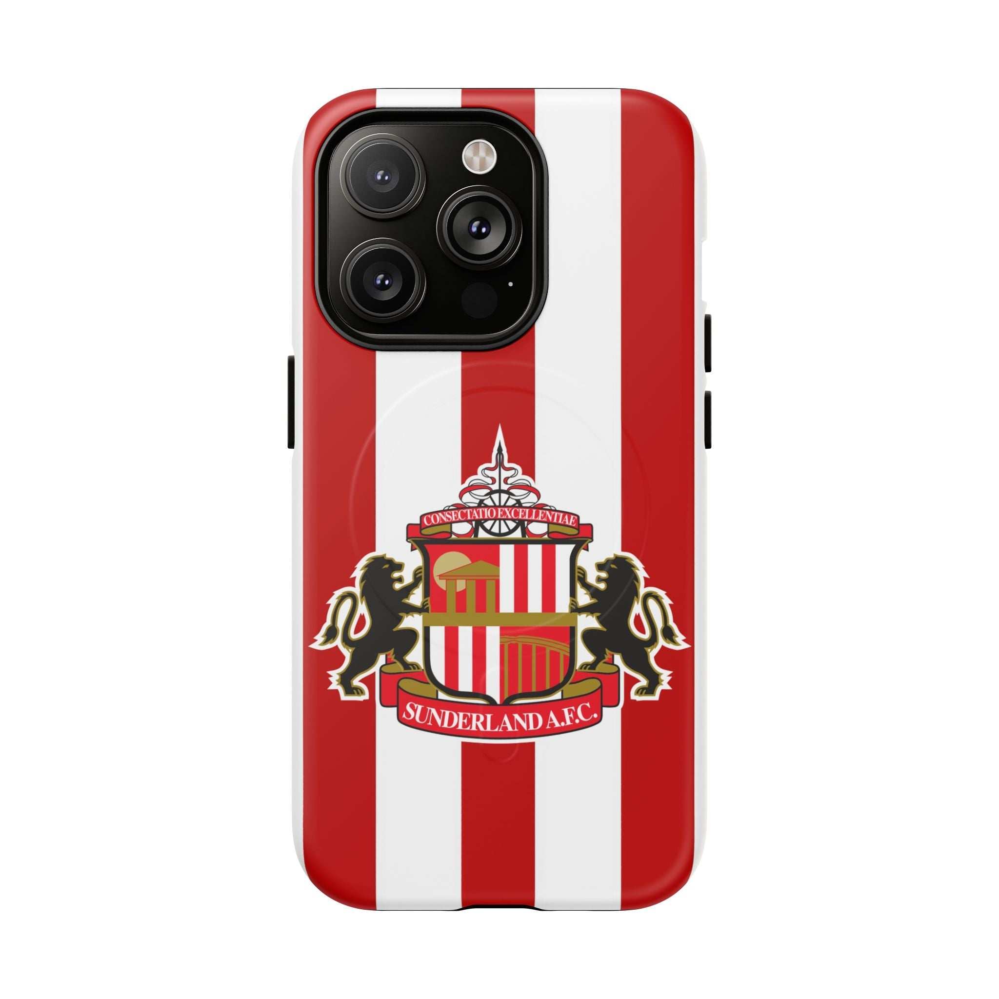 Sunderland FC MagSafe iPhone case with red and white stripes and club crest, dual-layer protection and wireless charging compatible