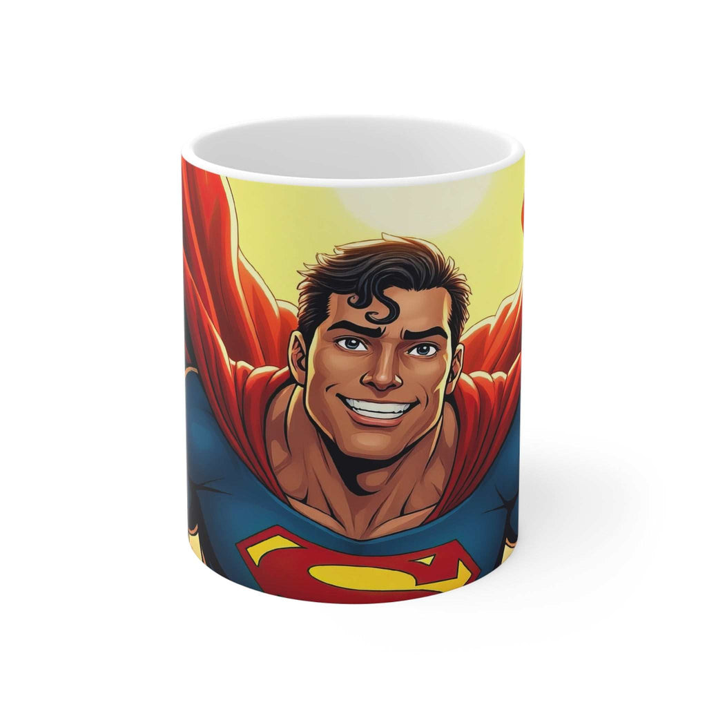 Superman themed ceramic coffee mug with glossy finish and colorful superhero print, microwave and dishwasher safe.