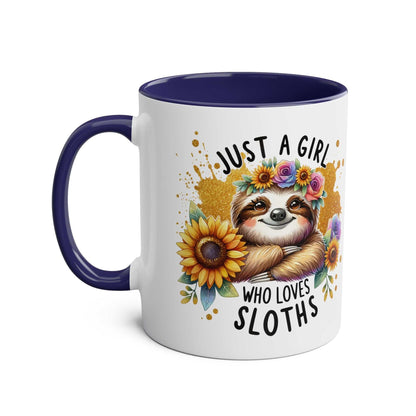 Cute sloth coffee mug with colorful floral design and "Just a Girl Who Loves Sloths" text.