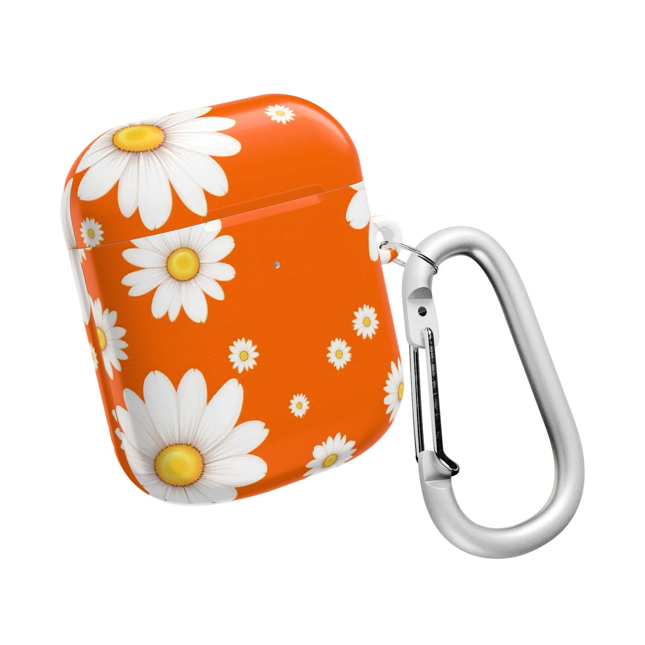 Orange Daises AirPods protective hard shell case with white daisy design and carabiner clip