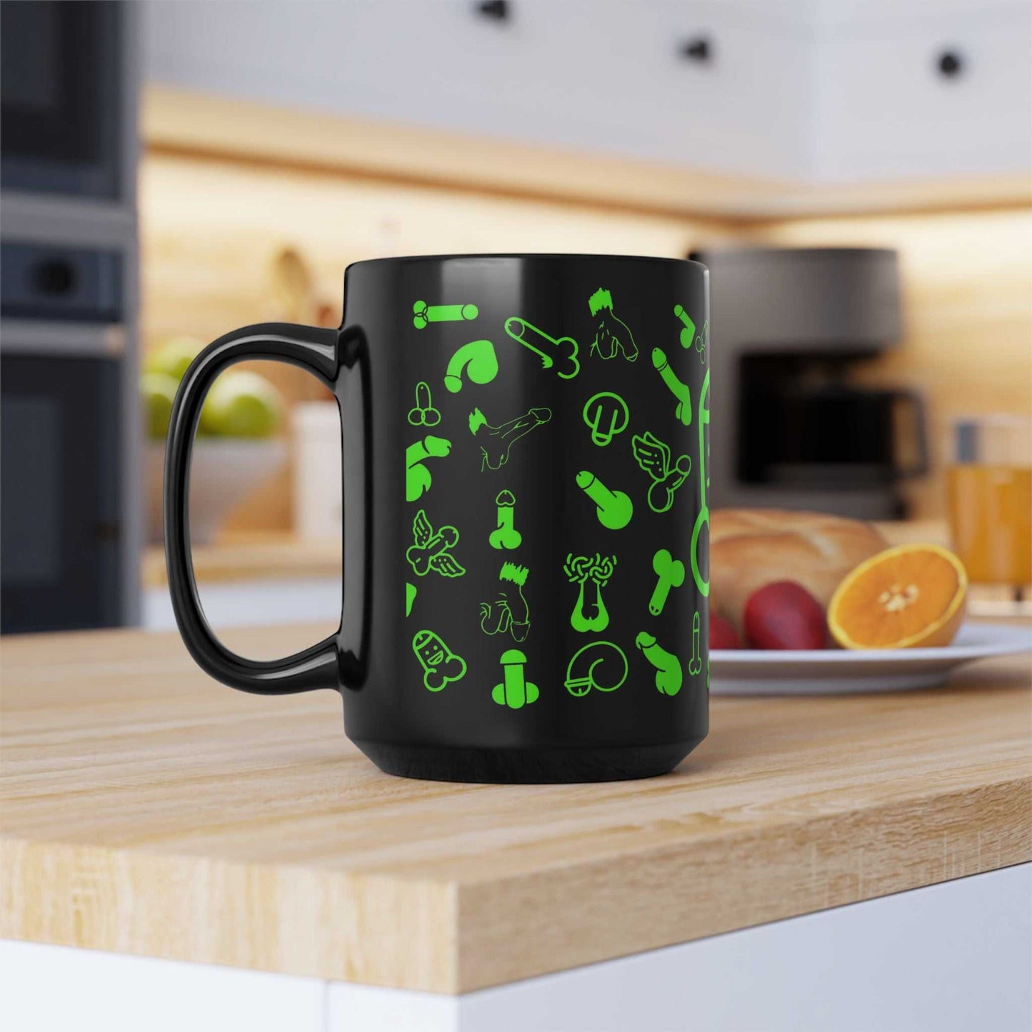 Black ceramic mug with playful green willies print, available in 11oz and 15oz sizes, dishwasher and microwave safe.