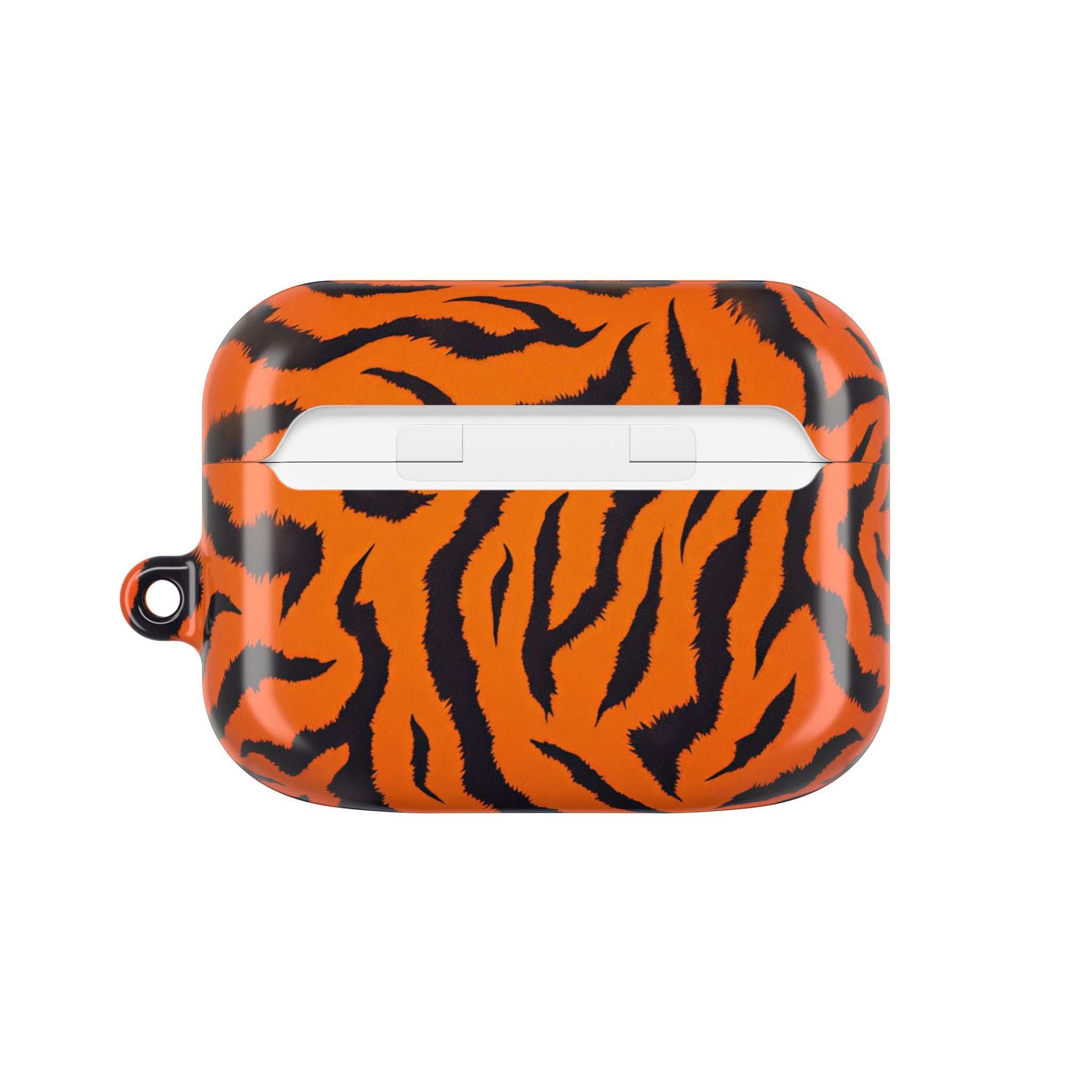 Orange tiger print protective hard shell case for AirPods and AirPods Pro with glossy finish and wireless charging compatible