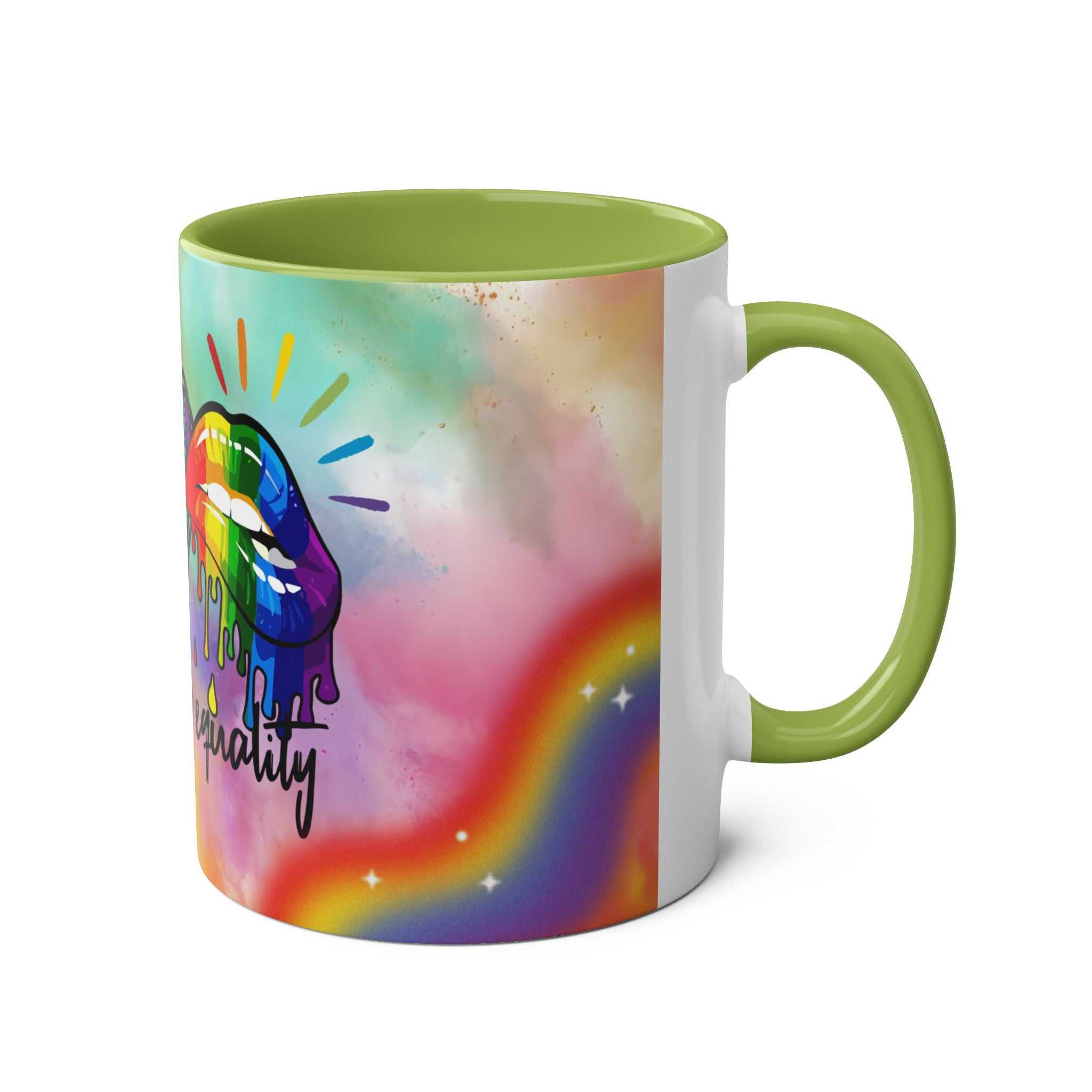 LGBTQ+ Pride Mug with vibrant rainbow design and glossy finish.