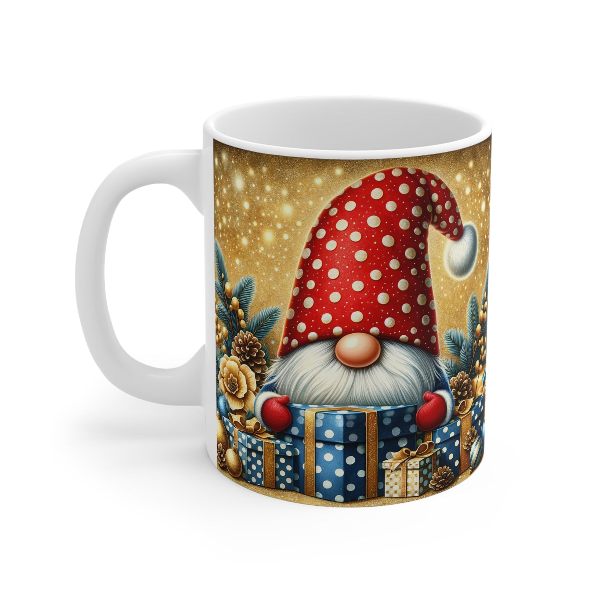 Christmas gnome mug with red polka dot hat, festive design, ceramic, 11oz, microwave and dishwasher safe.