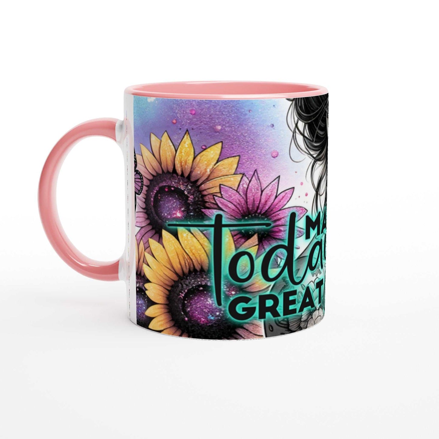 Make Today Great motivational coffee mug with vibrant sunflowers, pink handle, 11oz ceramic, microwave and dishwasher safe.