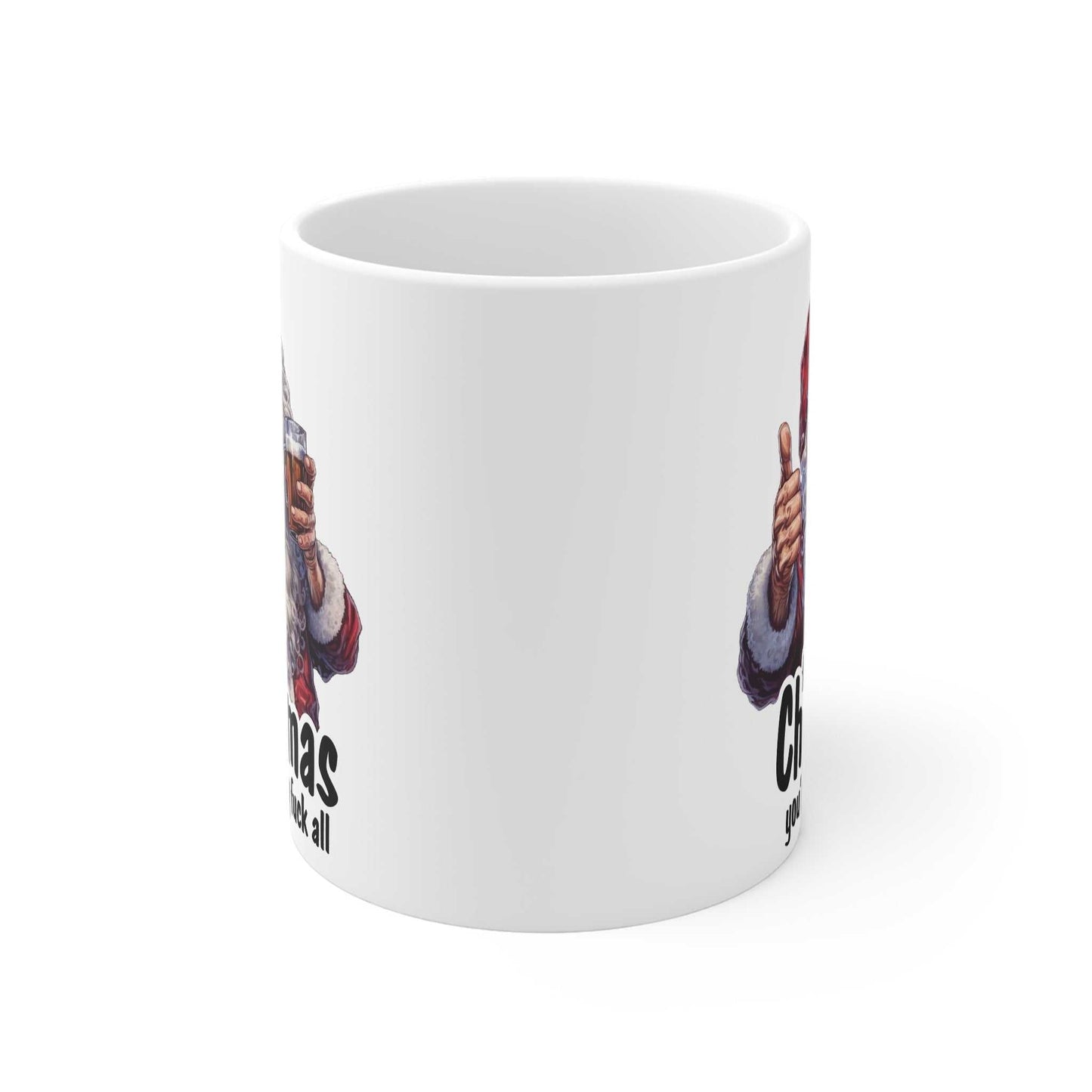 Rude Santa Christmas Mug with playful festive design, 11oz ceramic, glossy finish.