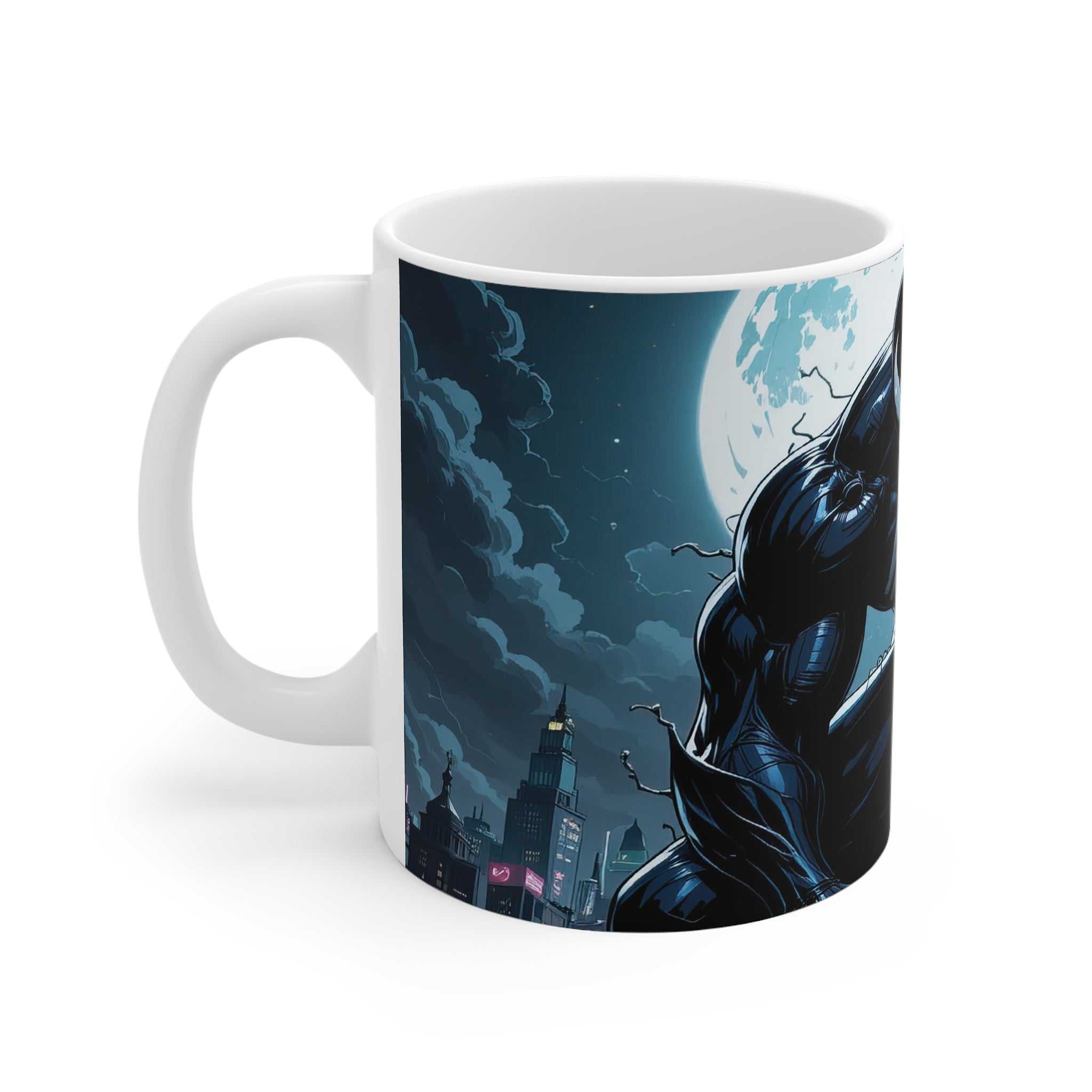 Venom themed superhero coffee mug with glossy finish and city night design