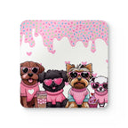 Cute Puppy Coaster Set with playful puppy design and pink sprinkles.