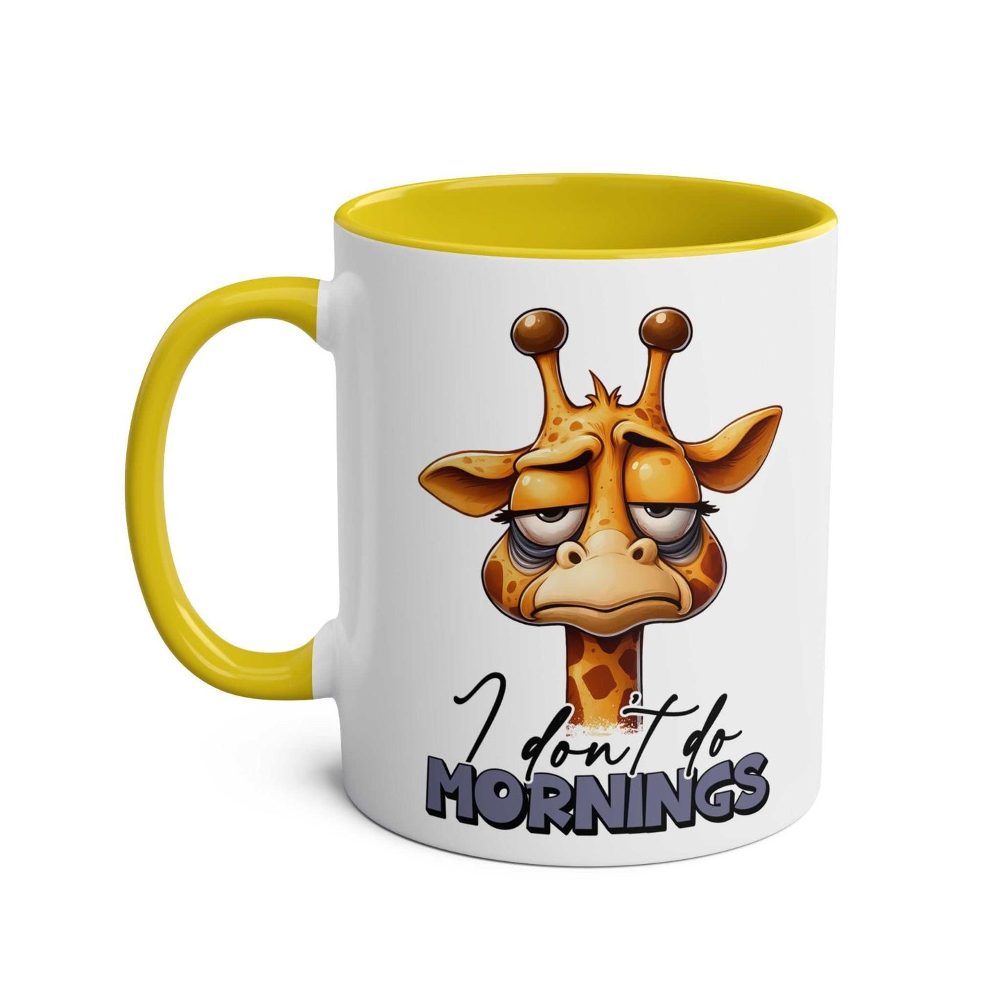 Dont Do Mornings Coffee Mug with playful giraffe design and yellow interior.