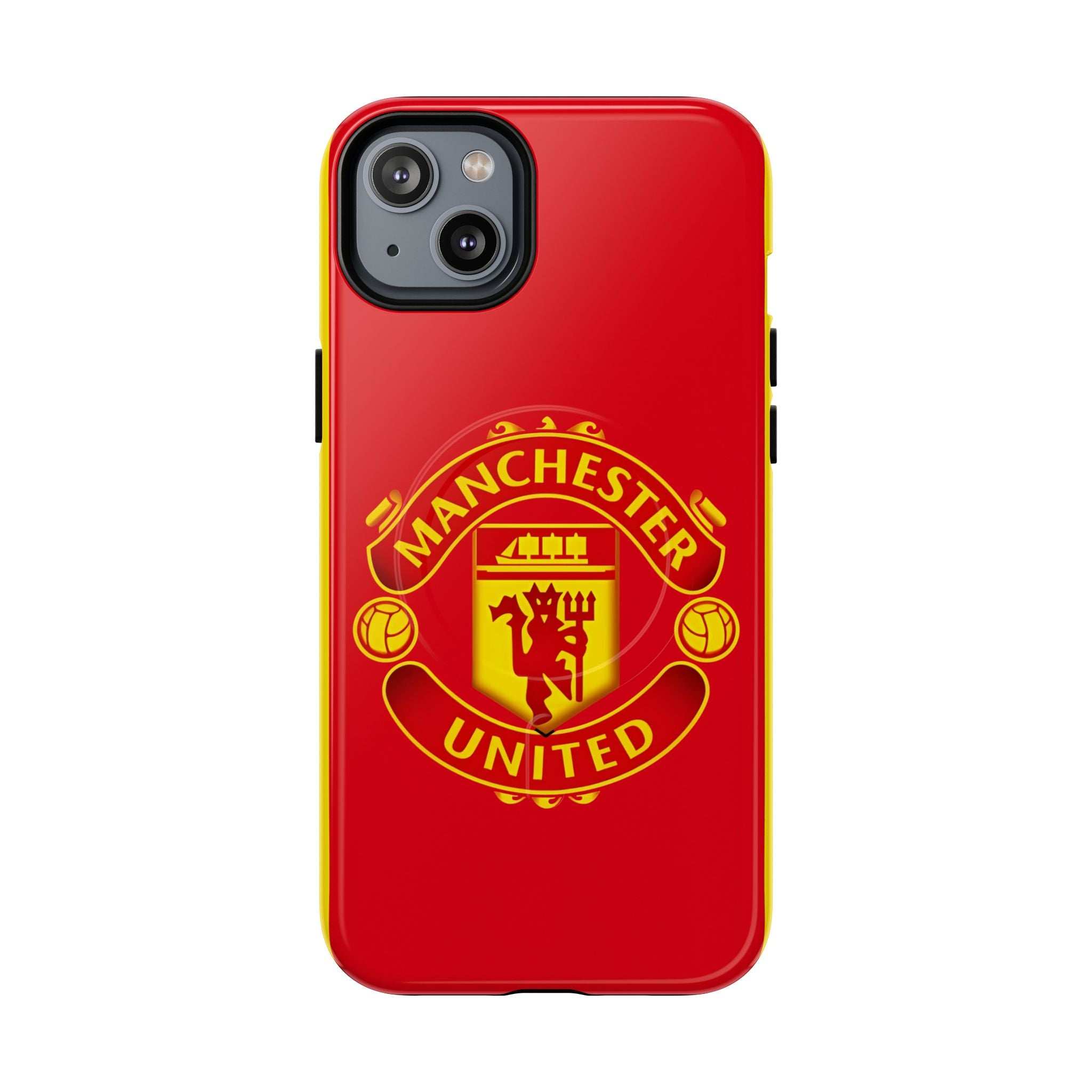 Red Manchester United MagSafe iPhone case with club crest, dual-layer protection, and wireless charging compatible