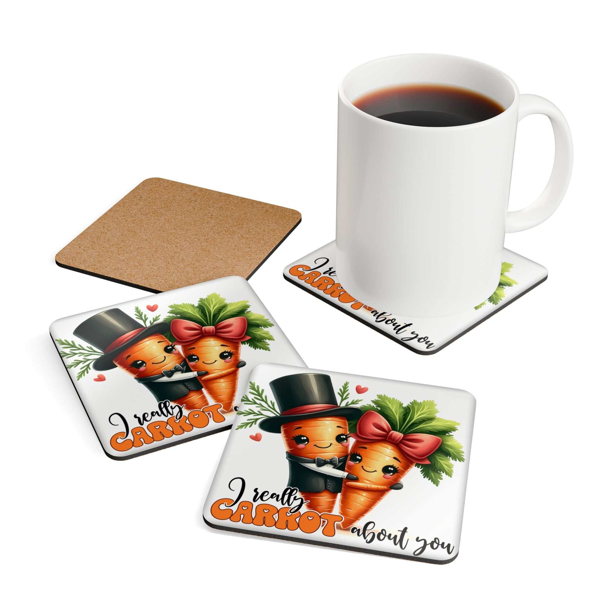 Carrot About You Coaster Set with playful carrot design and cork back.