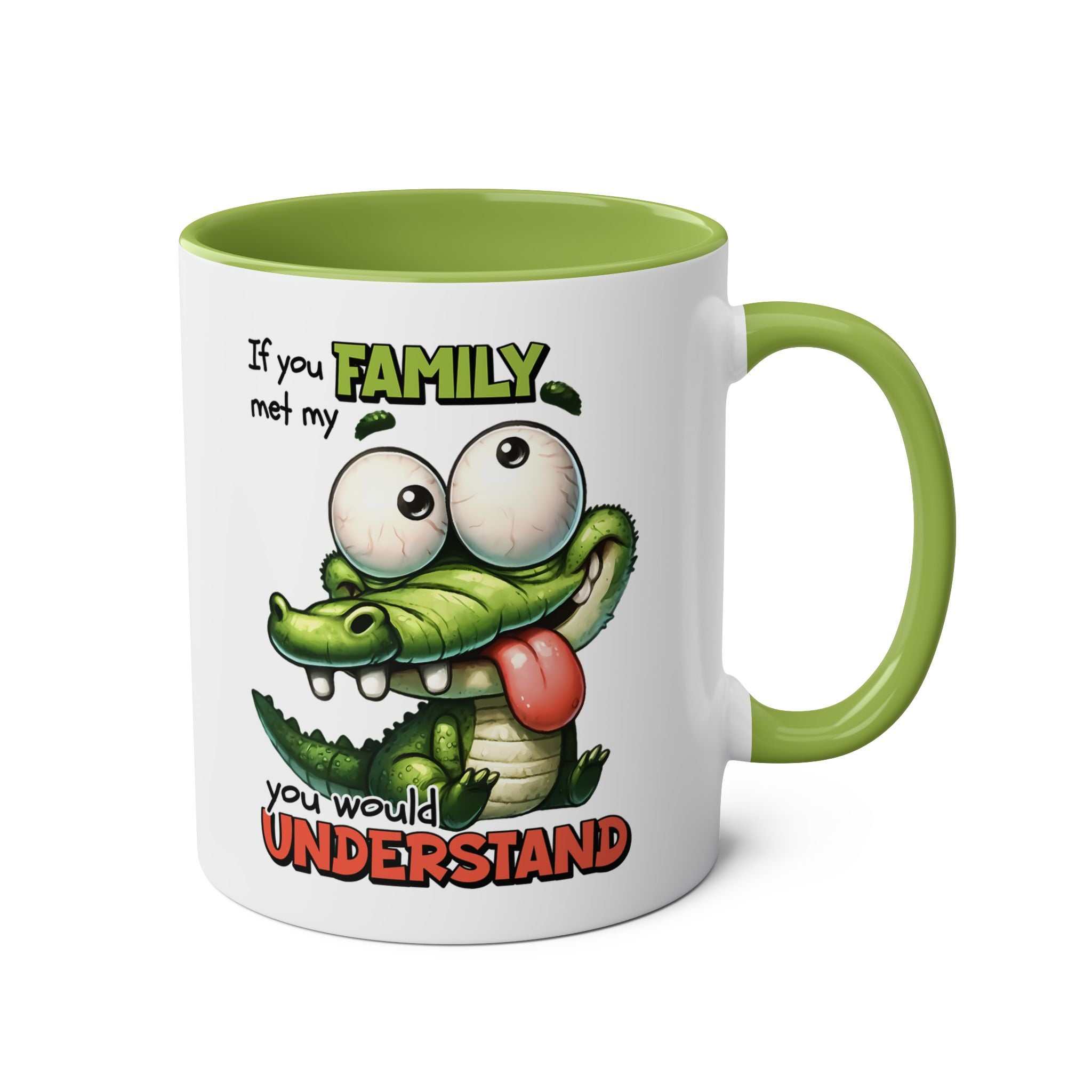 Family Coffee Mug with a quirky crocodile design and colorful handle.