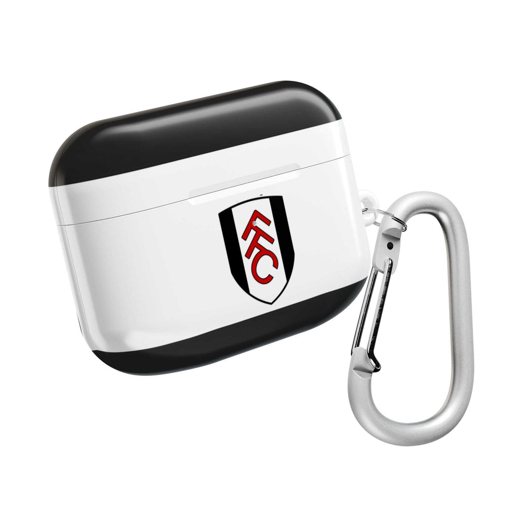 Fulham FC AirPods protective case with black and white crest design and carabiner clip