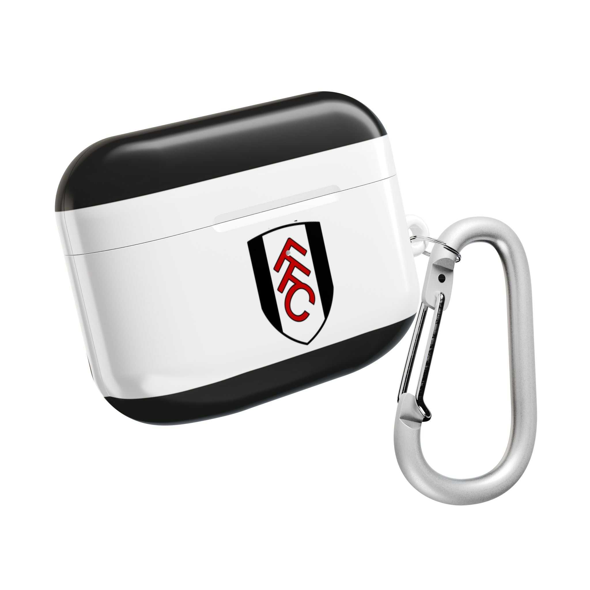 Fulham FC AirPods protective case with black and white crest design and carabiner clip