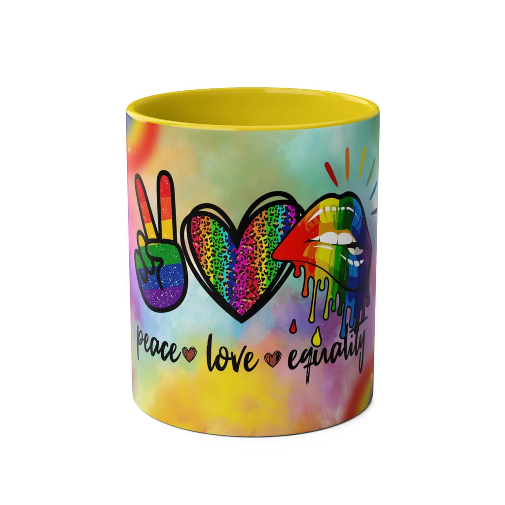 LGBTQ+ Pride Mug with vibrant rainbow design and equality message.