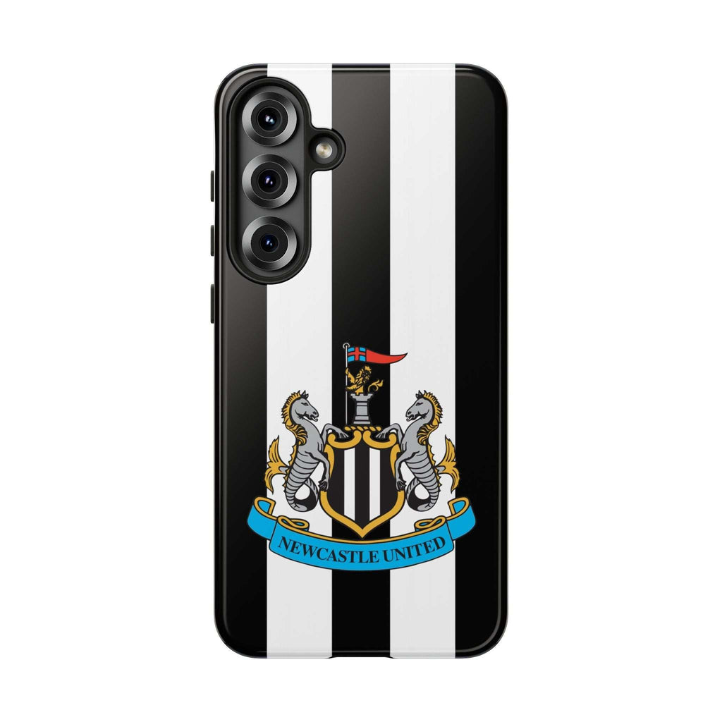 Newcastle United Samsung phone case with black and white design, dual-layer protection, and wireless charging support