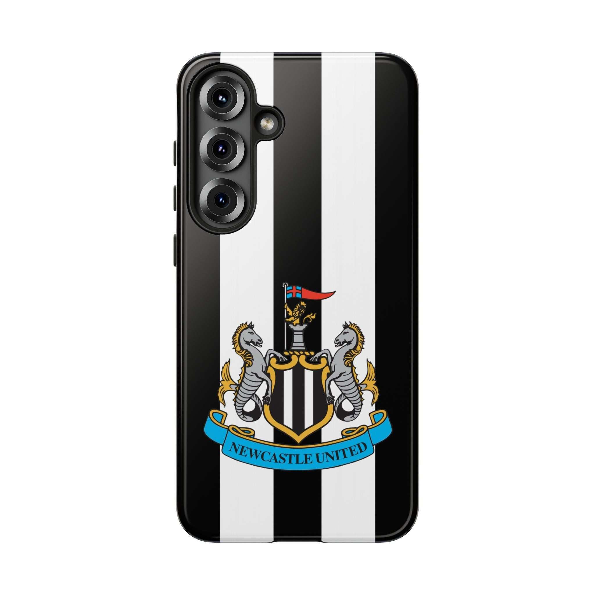 Newcastle United Samsung phone case with black and white design, dual-layer protection, and wireless charging support