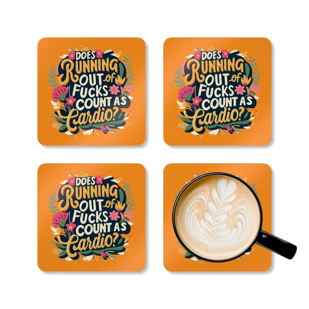 Cheeky "Out Of Fucks" coaster set for adding humor to gatherings, featuring bold text and vibrant colors.