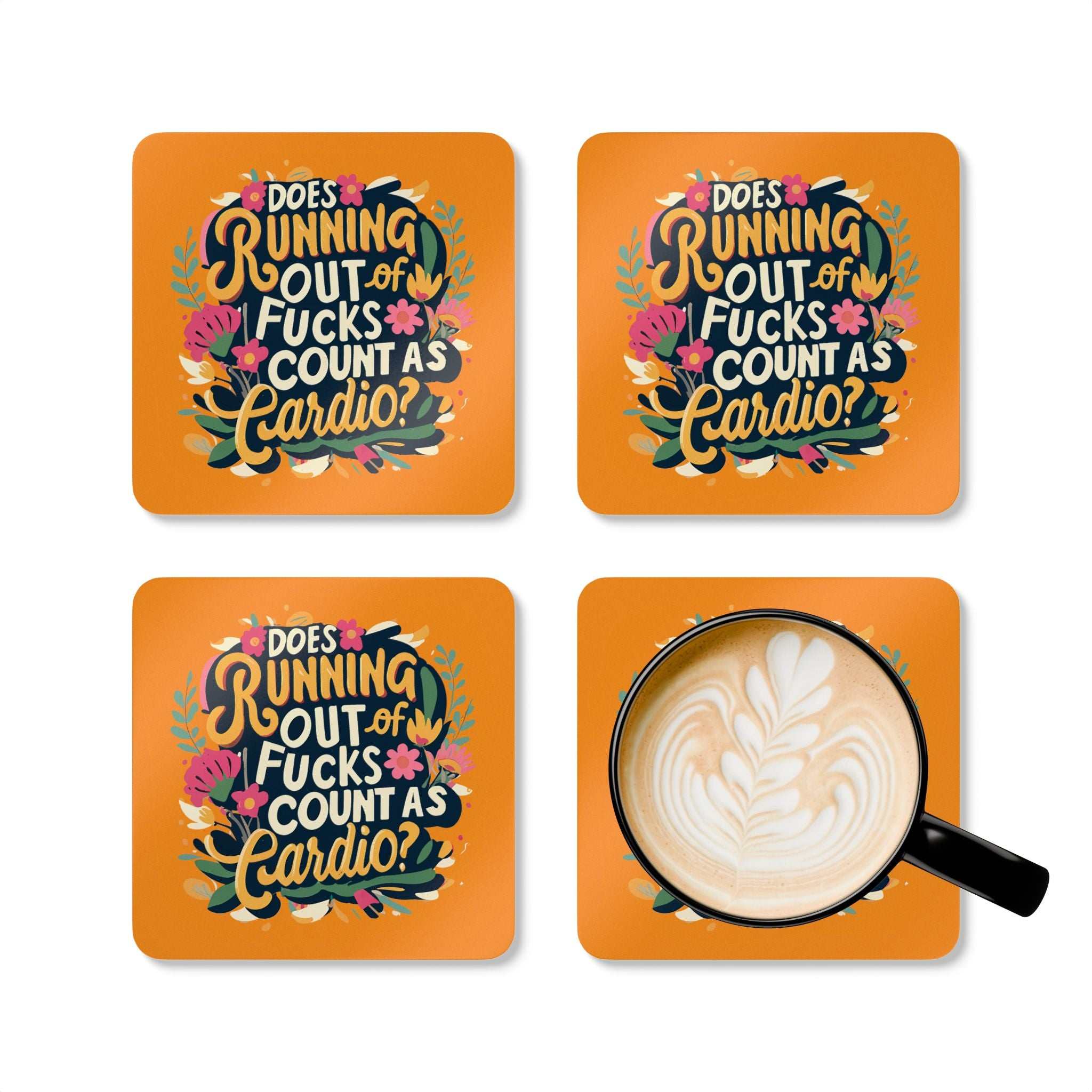 Cheeky "Out Of Fucks" coaster set for adding humor to gatherings, featuring bold text and vibrant colors.