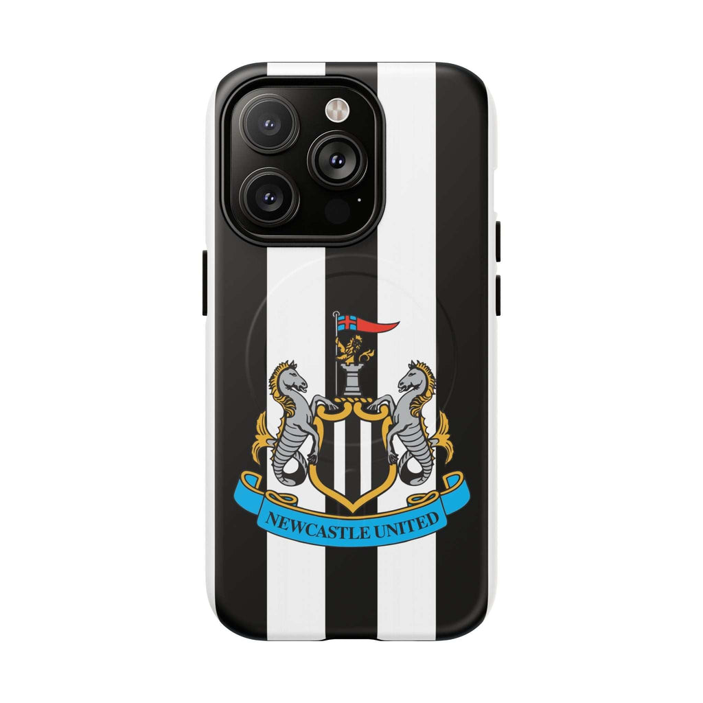 Newcastle United MagSafe iPhone case with black and white stripes and club crest, durable dual-layer protection, MagSafe compatible.