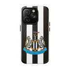 Newcastle United MagSafe iPhone case with black and white stripes and club crest, durable dual-layer protection, MagSafe compatible.