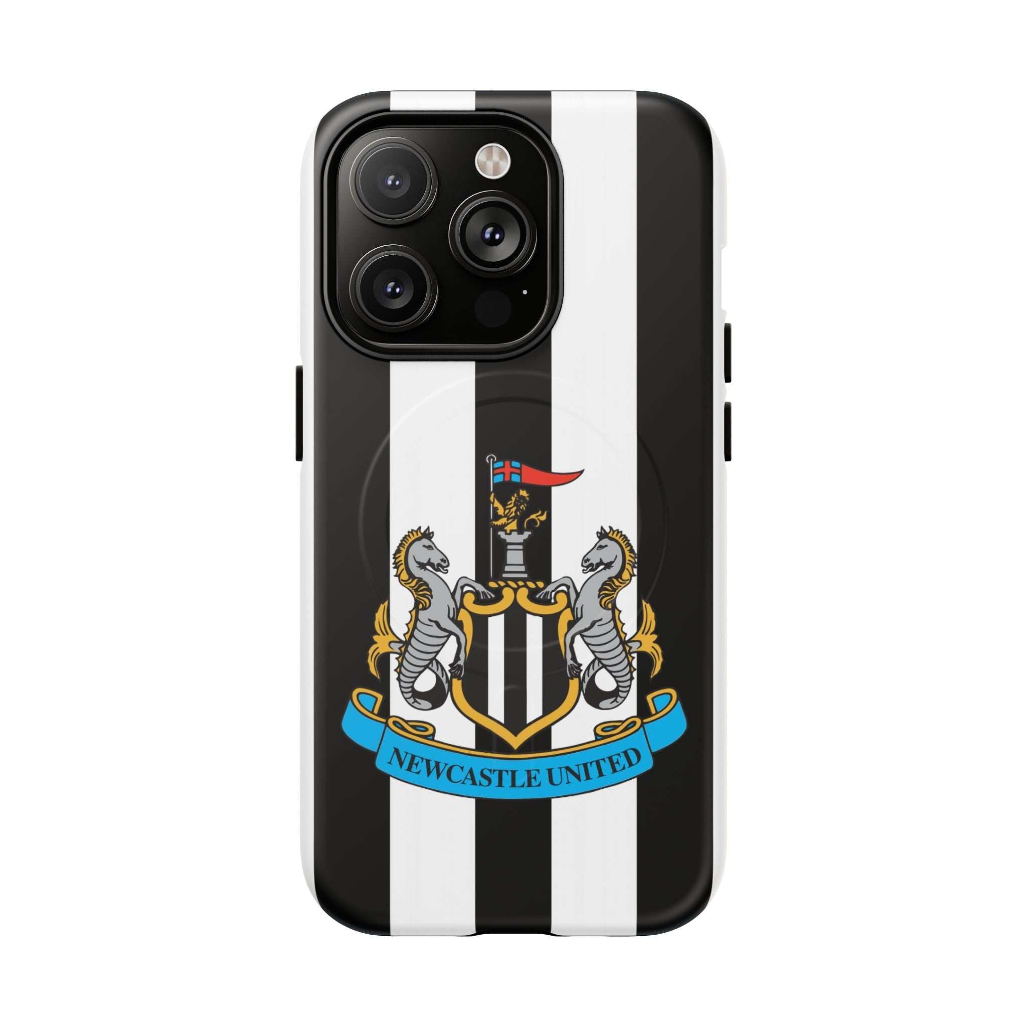 Newcastle United MagSafe iPhone case with black and white stripes and club crest, durable dual-layer protection, MagSafe compatible.
