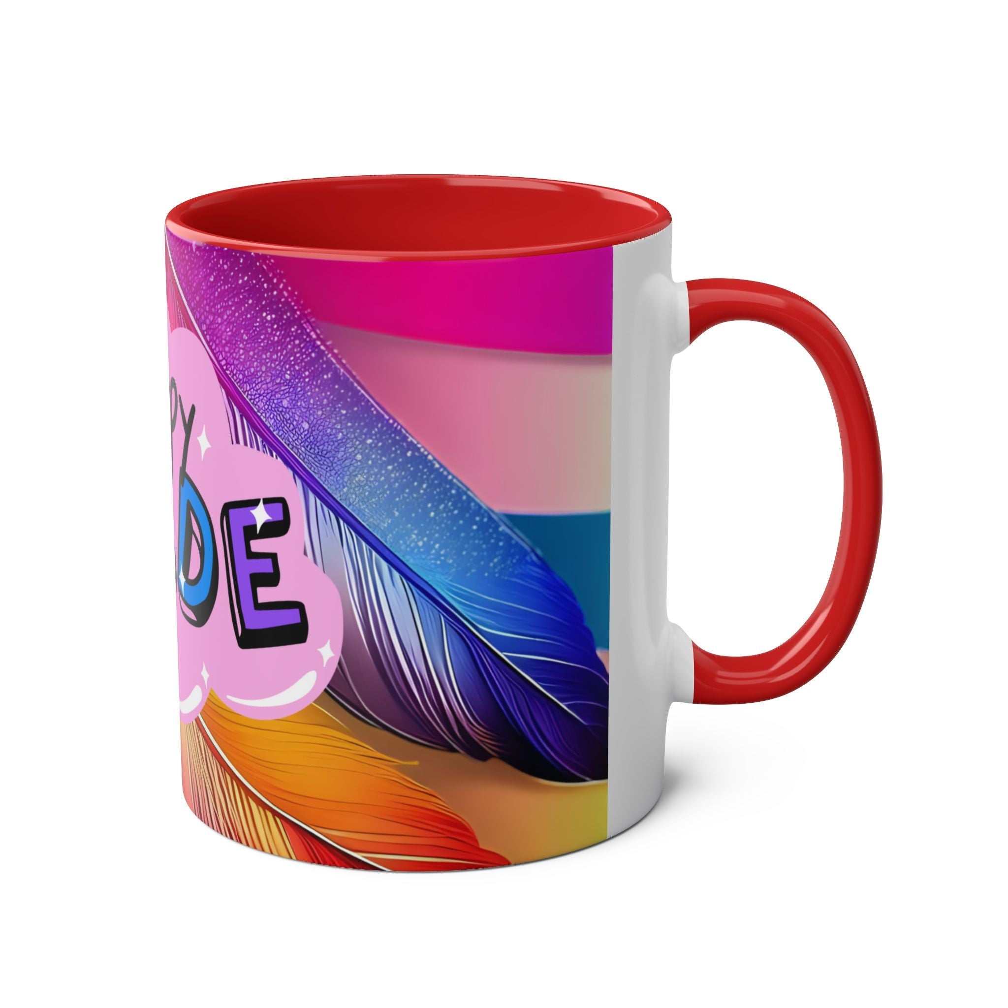 LGBTQ+ Pride Mug with vibrant rainbow design on high-quality ceramic, 11oz size.