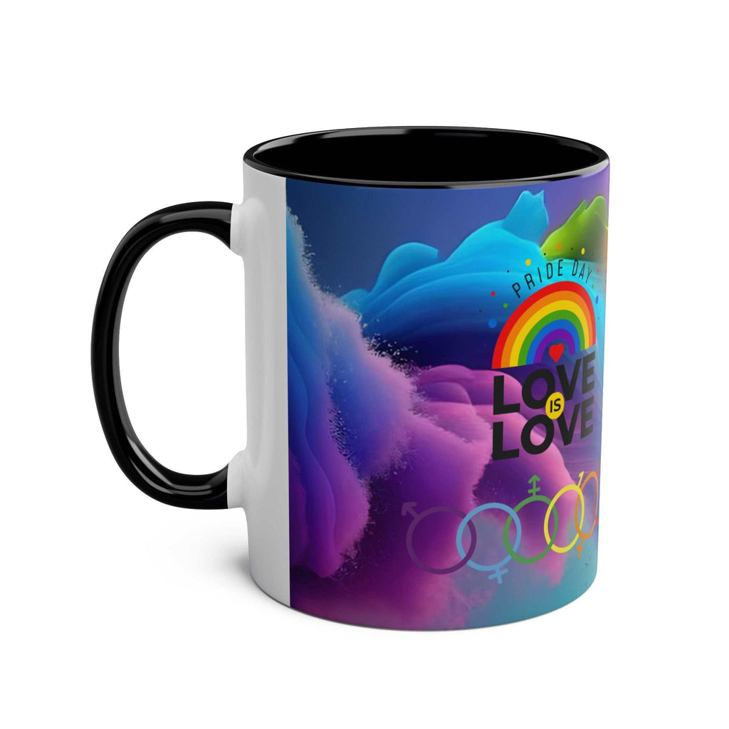LGBTQ+ Pride mug with vibrant rainbow design, featuring "Love is Love" message, 11oz ceramic, glossy finish.