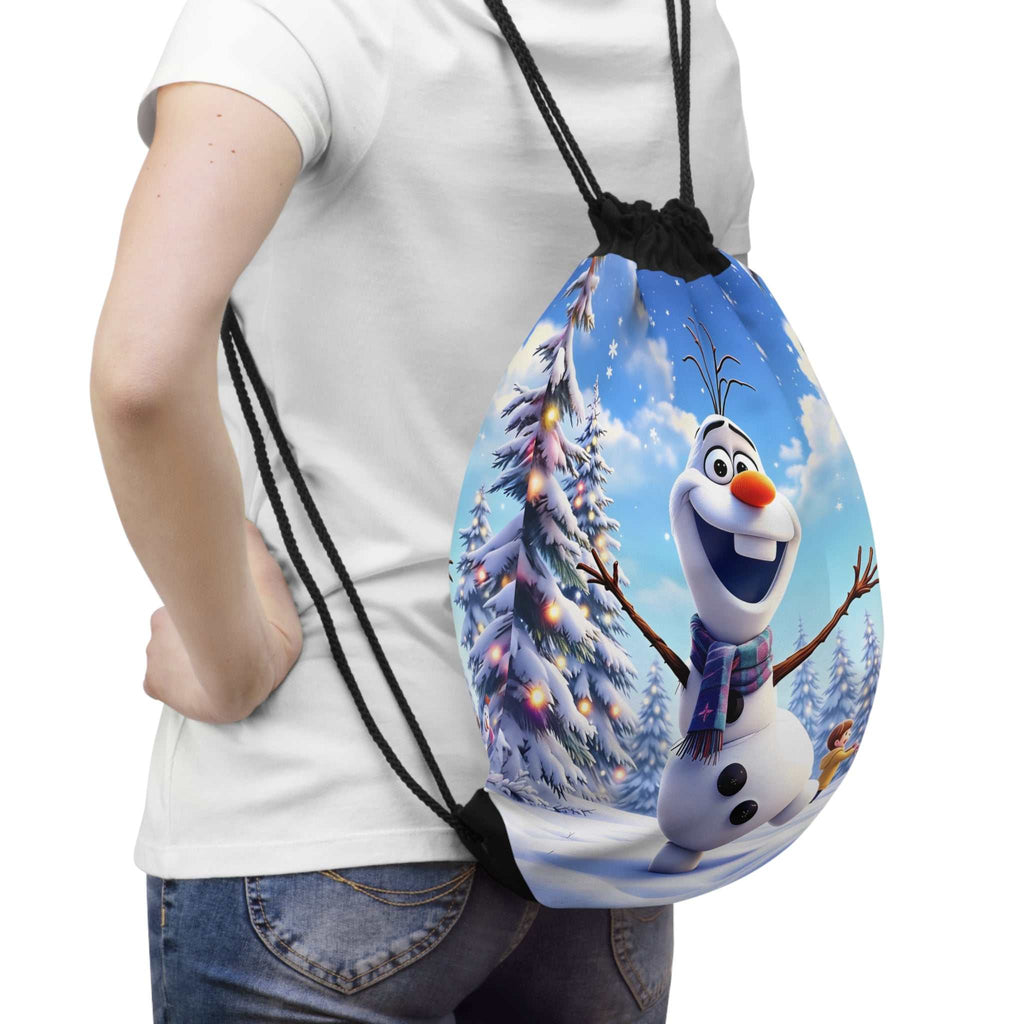 Olaf inspired drawstring bag with cheerful snowman design, lightweight polyester, and easy drawstring closure for kids and Disney fans