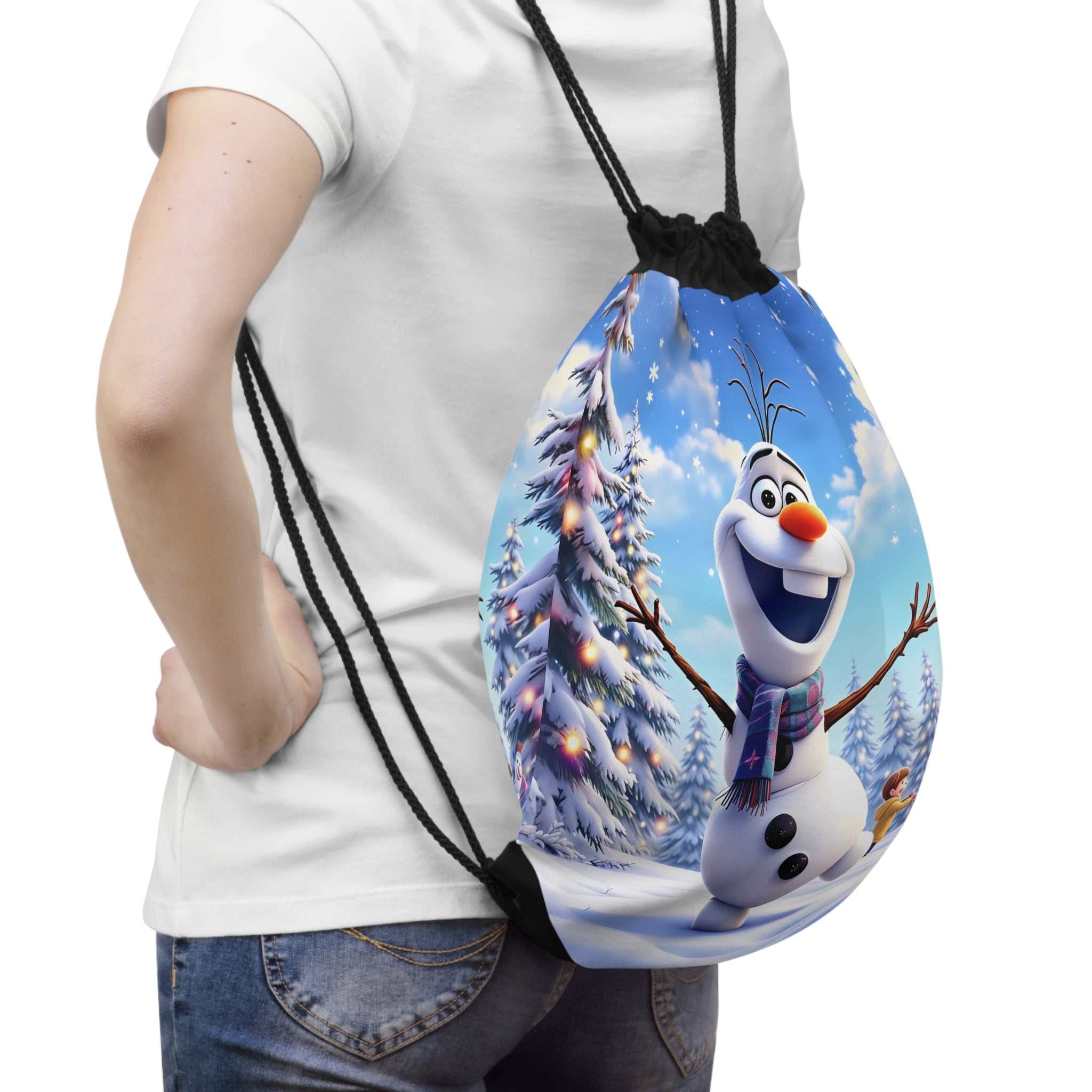 Olaf inspired drawstring bag with cheerful snowman design, lightweight polyester, and easy drawstring closure for kids and Disney fans