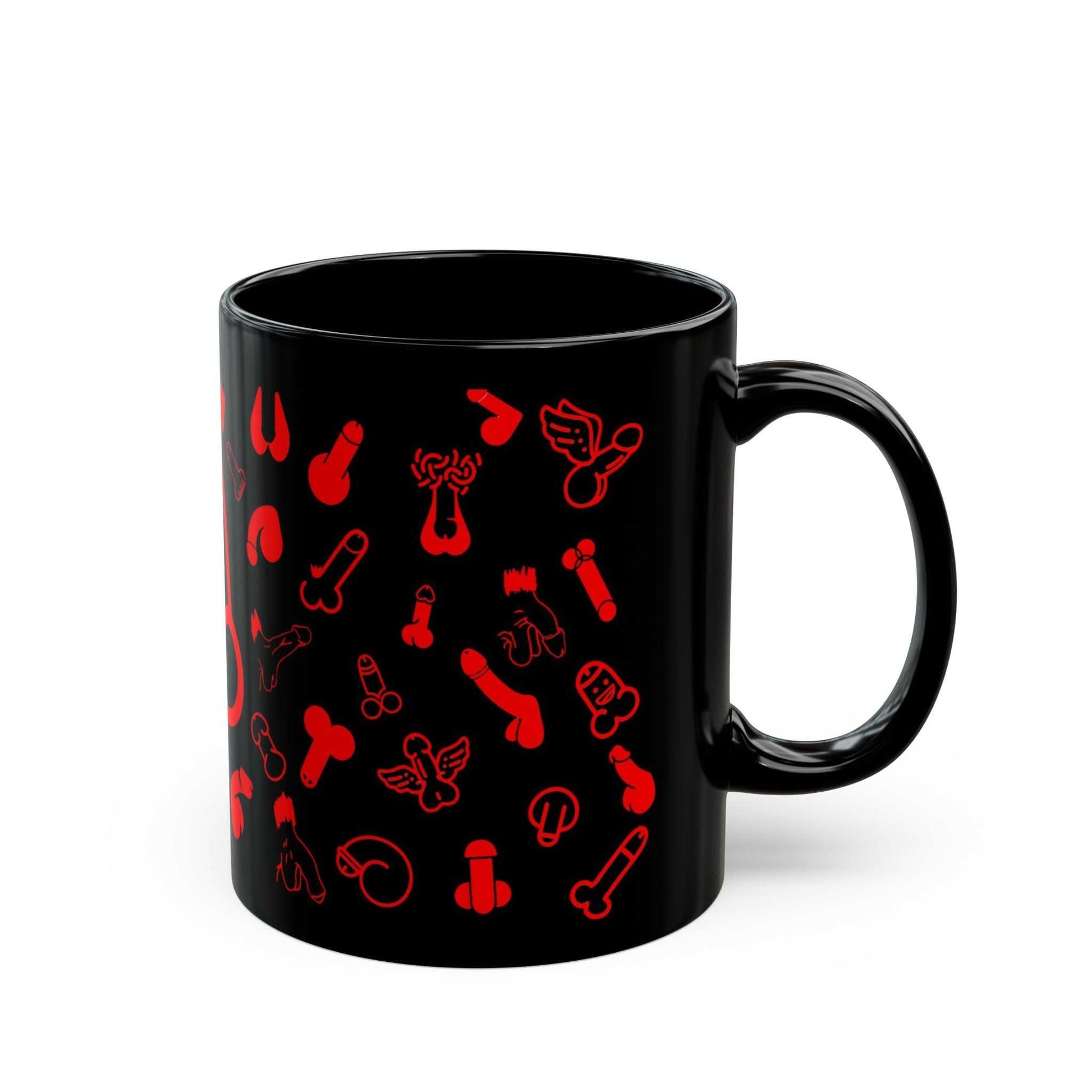 Black ceramic mug with playful red willies print, available in 11oz and 15oz sizes, glossy finish.