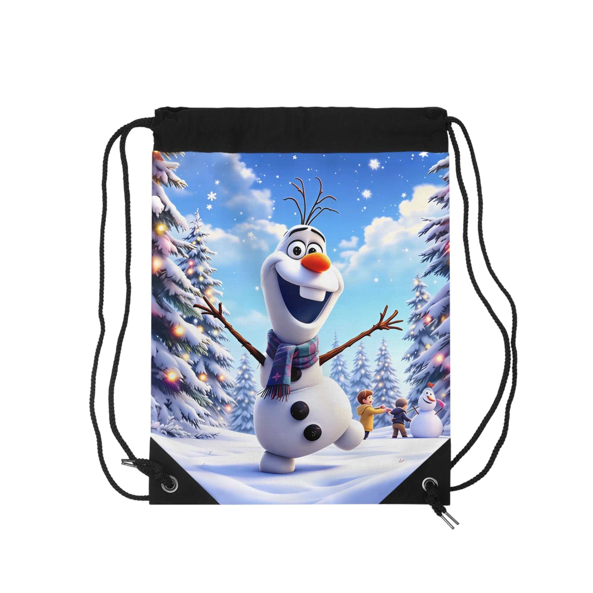 Olaf inspired drawstring bag featuring cheerful snowman print on durable lightweight polyester with drawstring closure and reinforced corners