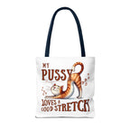 Fun stretching cat tote bag with cheeky design and colorful handles for casual use