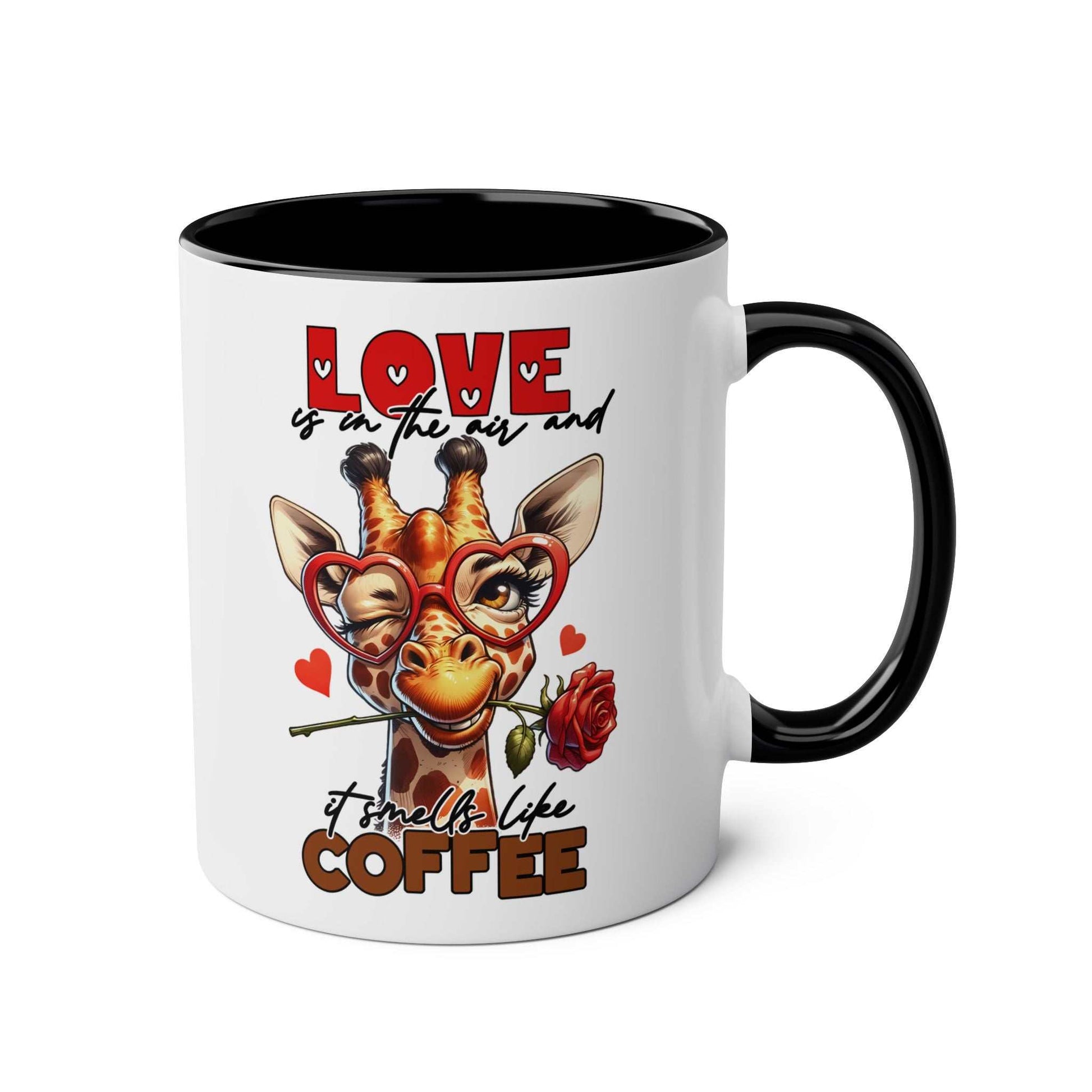 Playful giraffe design mug with "Love is in the air and it smells like coffee" text.