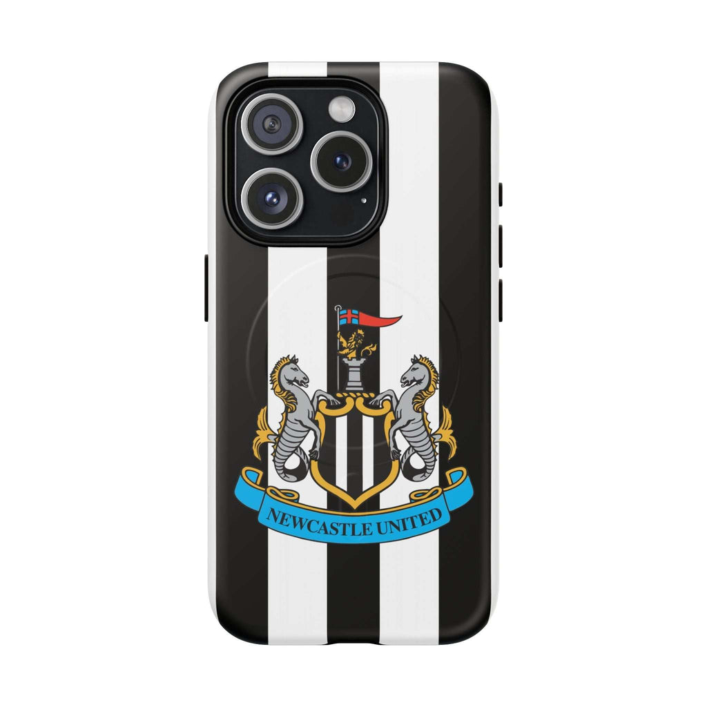Newcastle United Magsafe iPhone case with black and white stripes and club crest, durable dual-layer protection and MagSafe compatible