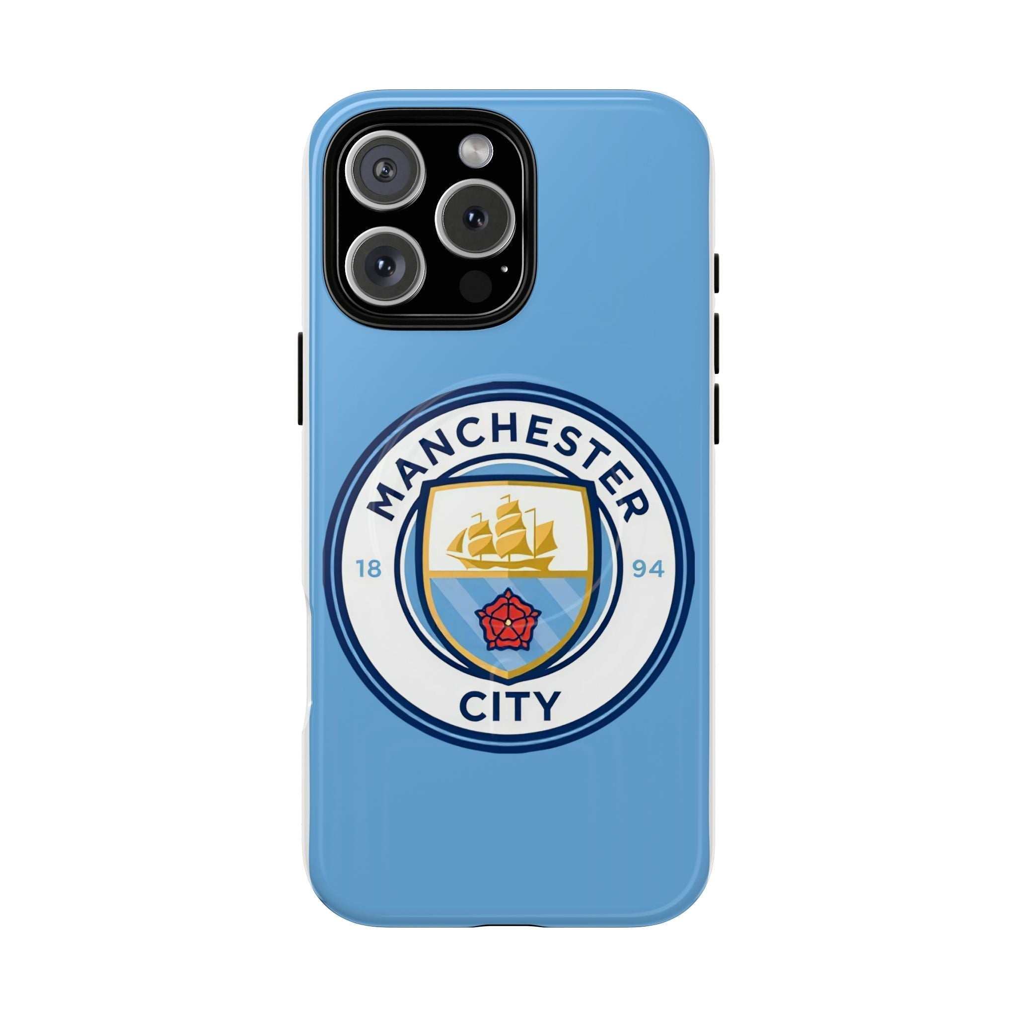 Manchester City MagSafe iPhone case with sky blue color and club logo, dual layer protection and MagSafe compatibility