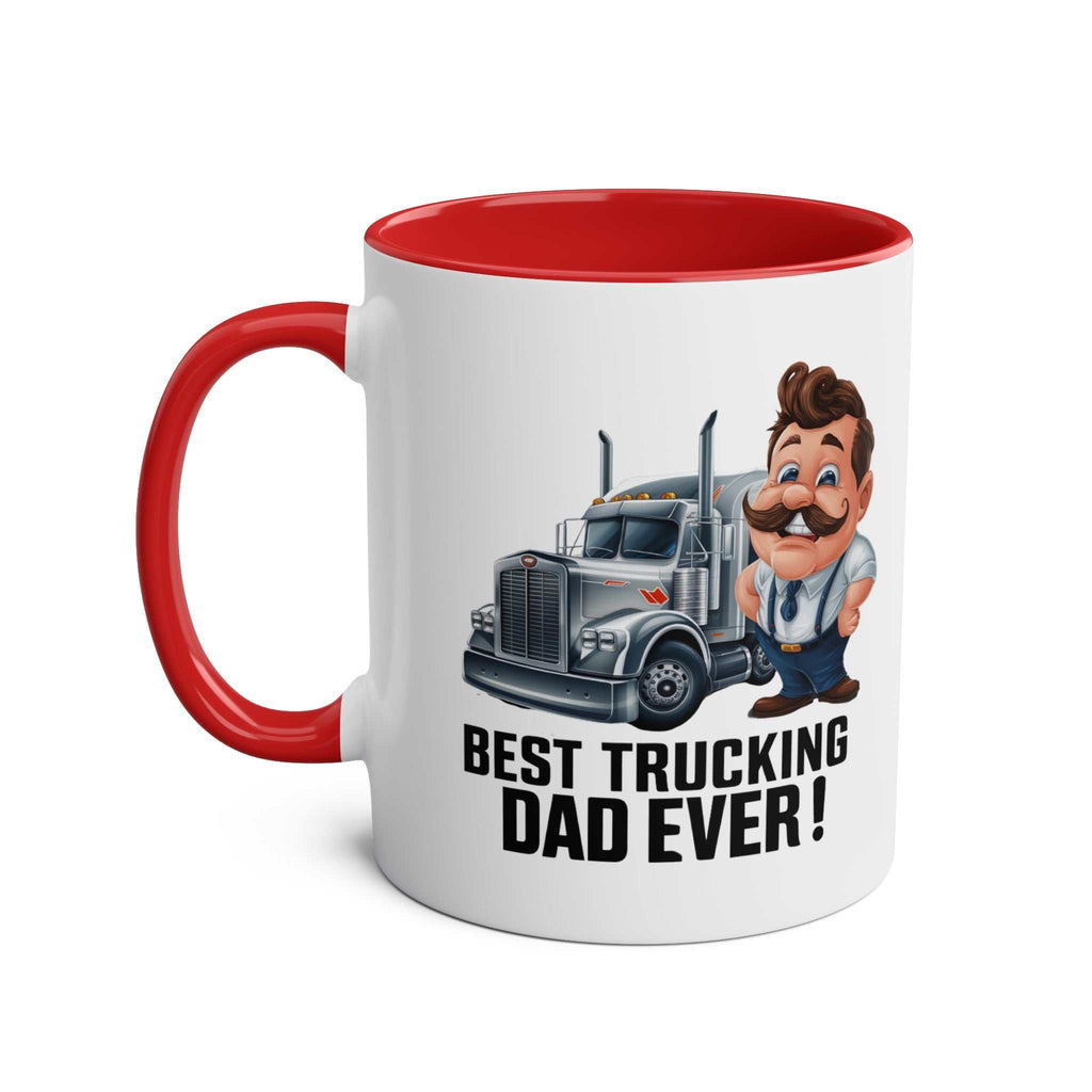 Best Trucking Dad Fun Fathers Day Gift Mug with cartoon truck and dad illustration, red handle and interior.