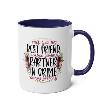 Partner in Crime Coffee Mug with floral design, 11oz ceramic, glossy finish.