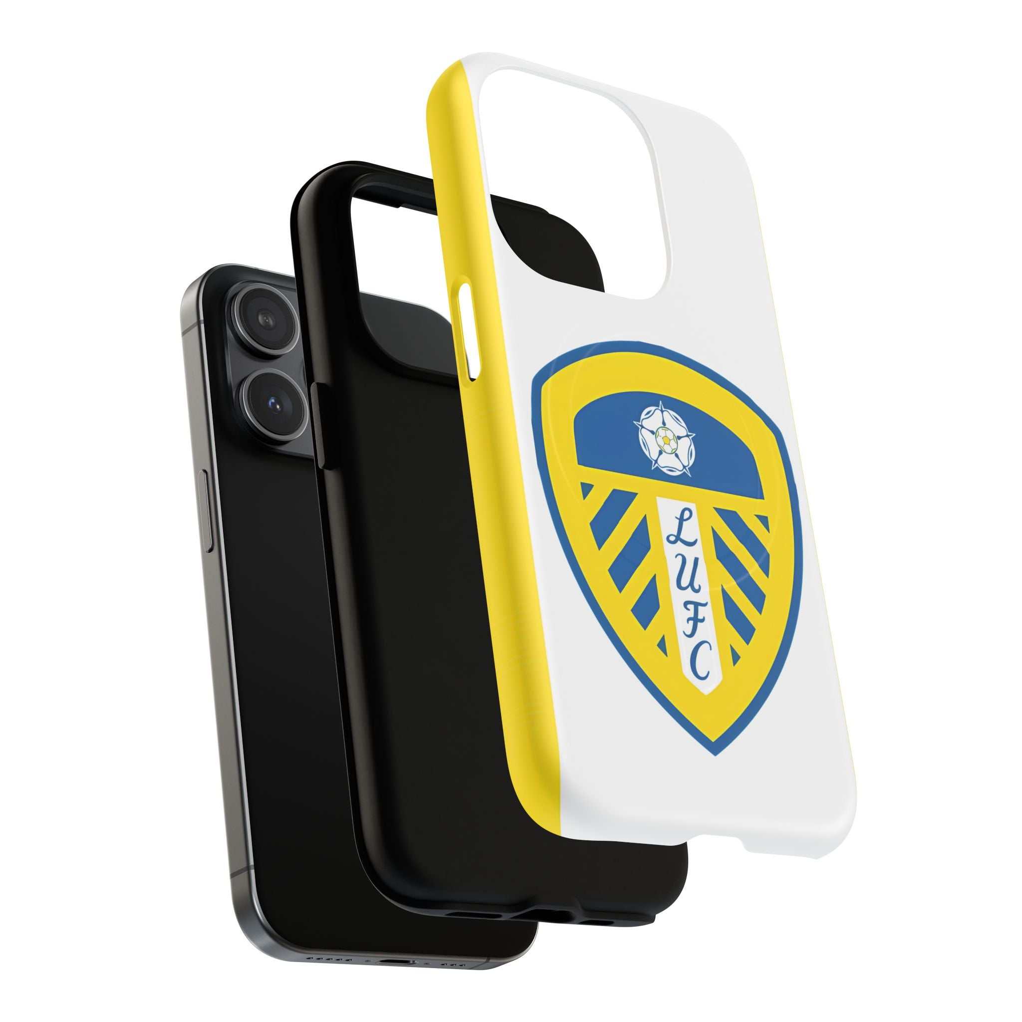 Leeds Utd MagSafe iPhone case with white and yellow design featuring club crest, dual-layer protection, and MagSafe compatibility