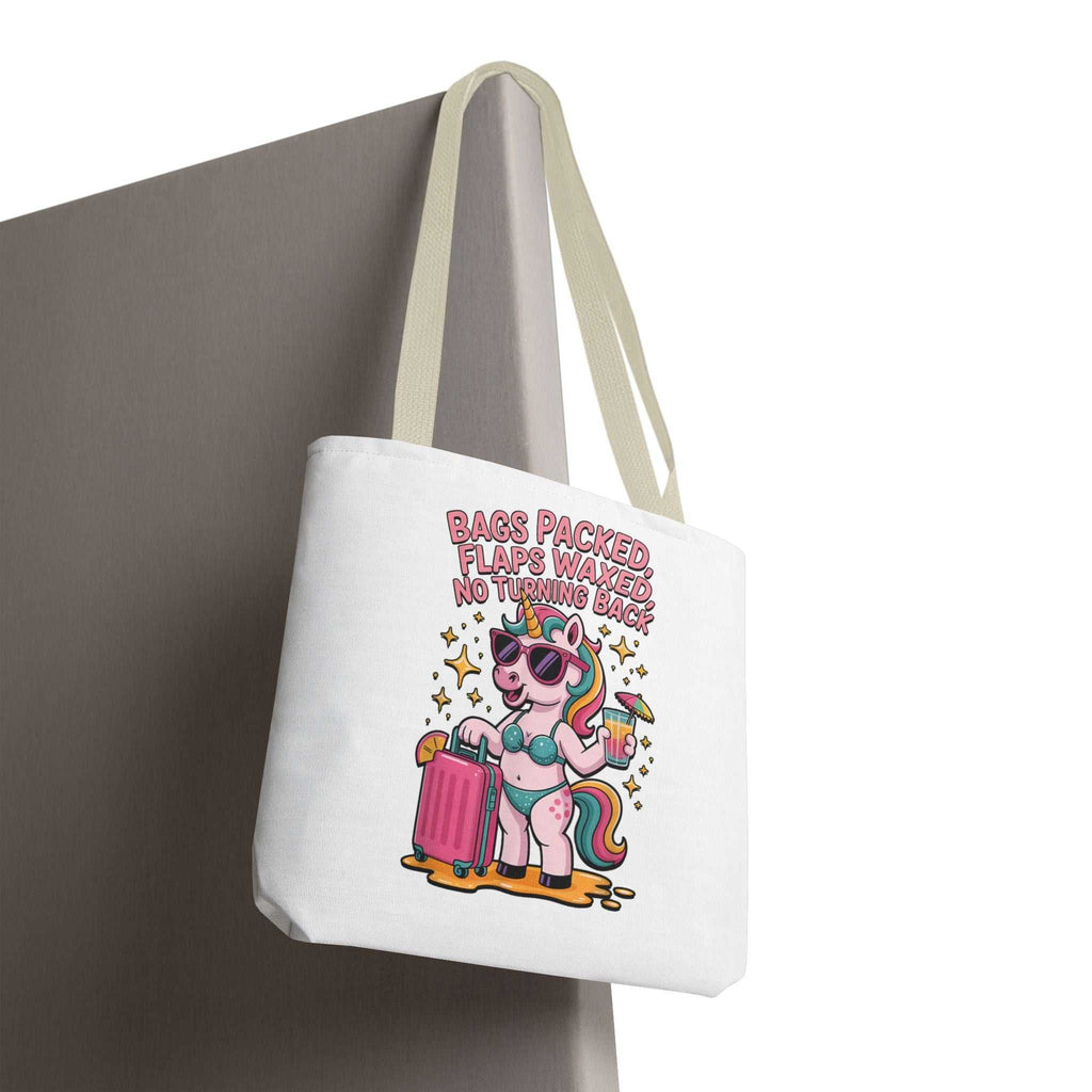 Colorful fun unicorn travel tote bag with cheeky design and multiple handle options