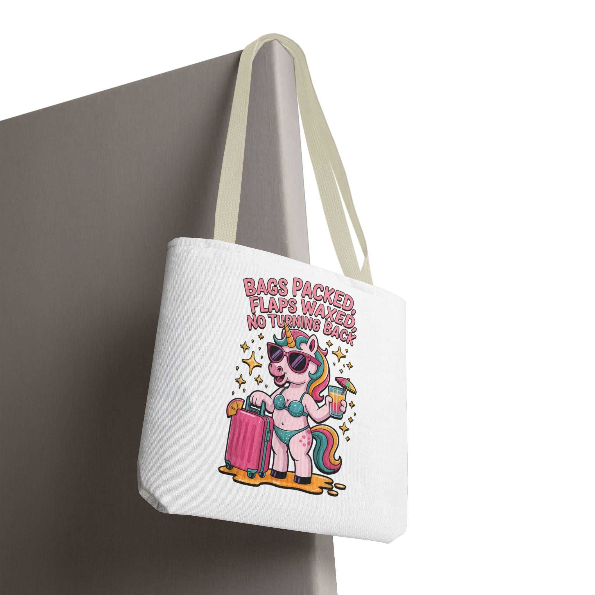 Colorful fun unicorn travel tote bag with cheeky design and multiple handle options