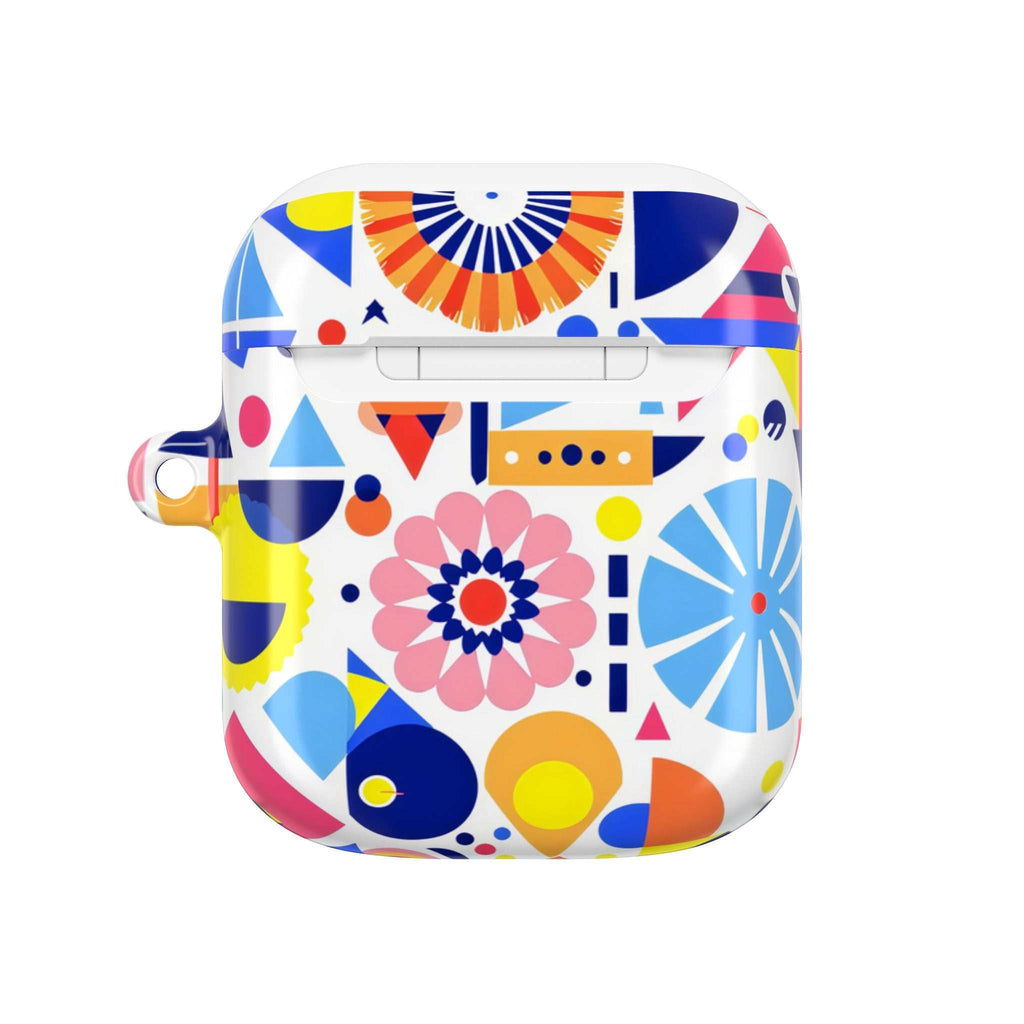 Bright geometric print hard shell protective case for AirPods and AirPods Pro with vibrant colorful design and glossy finish