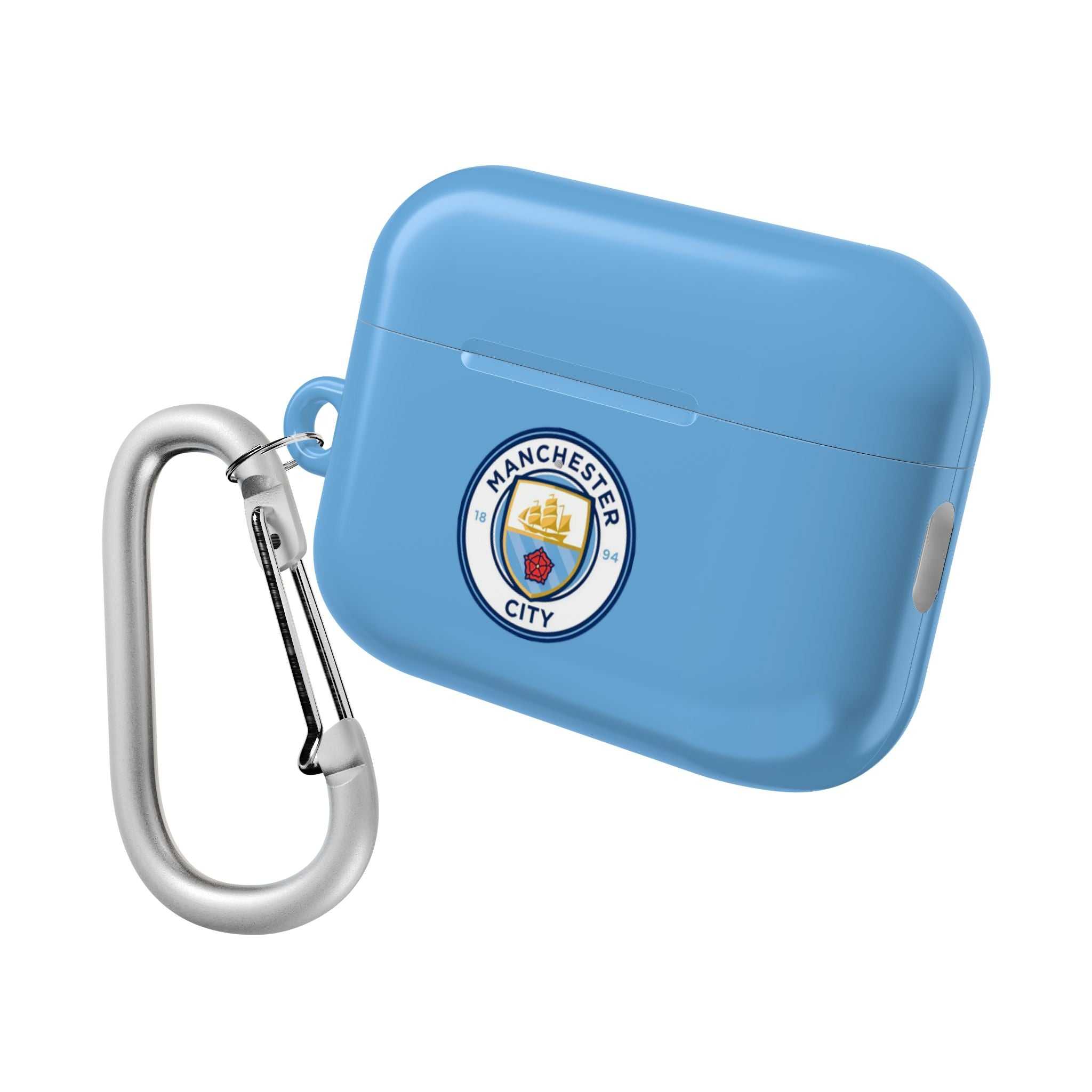 Manchester City FC AirPods protective case in sky blue with club crest and carabiner clip