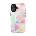 Pastel Geo Print iPhone MagSafe case with durable dual-layer protection and vibrant orange finish