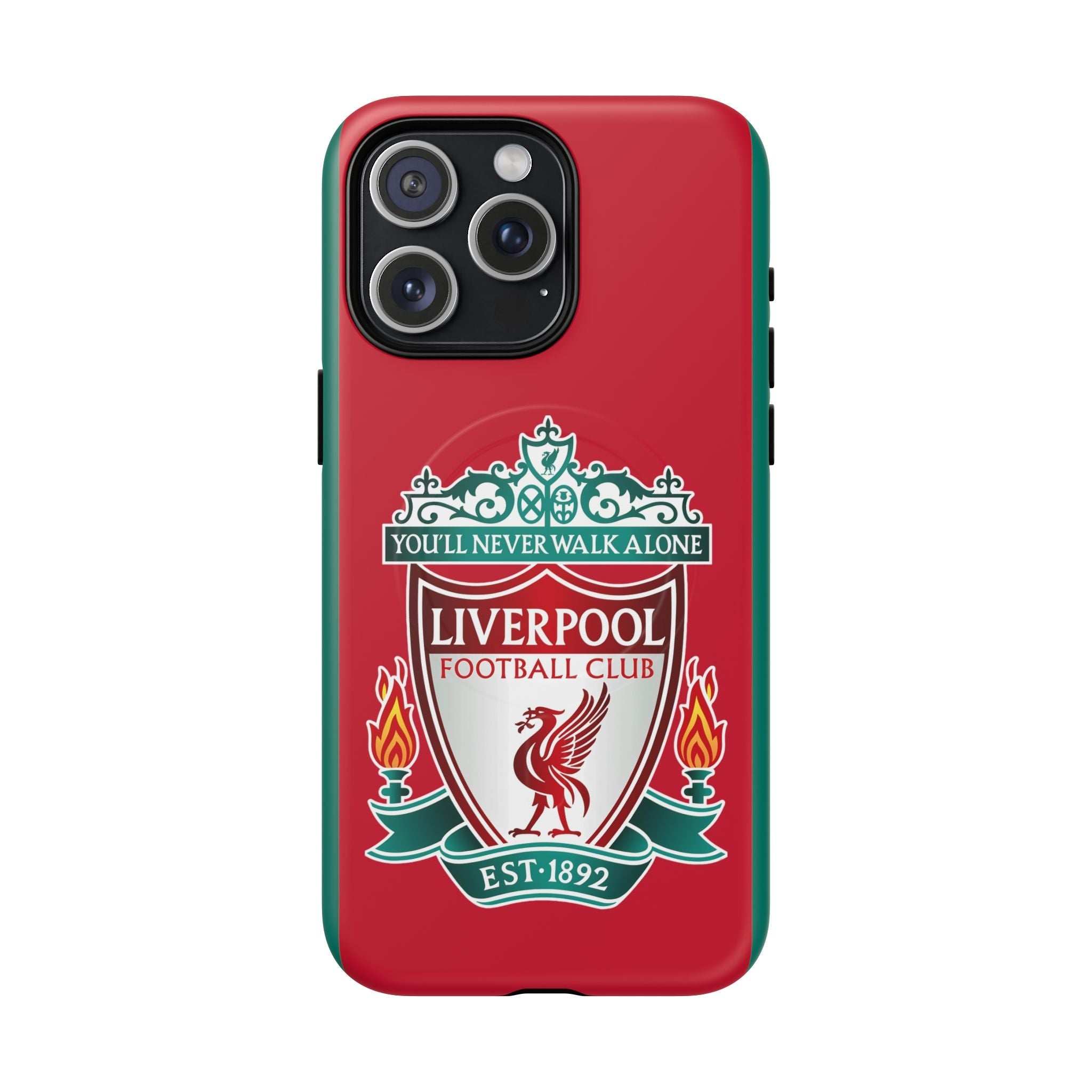 Liverpool FC MagSafe iPhone case in red with club crest, dual-layer protection, and wireless charging compatible
