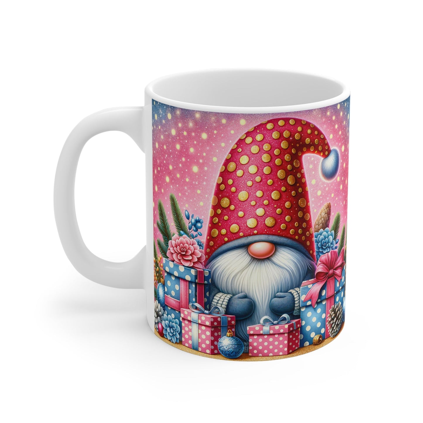 Christmas Gnome Mug with festive design, ceramic, glossy finish, 11oz, microwave and dishwasher safe.